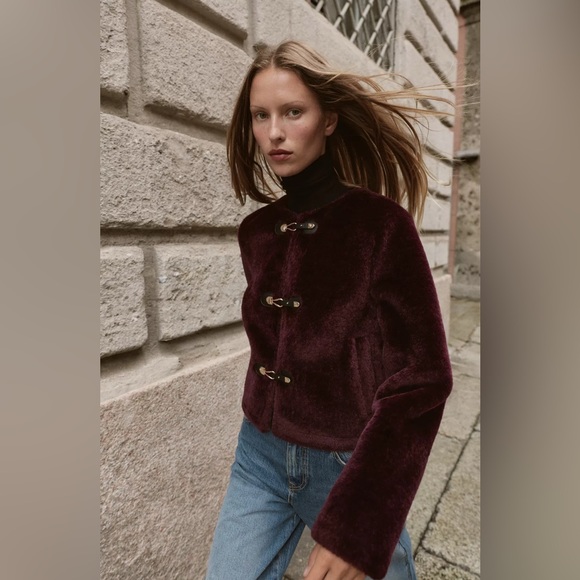 Zara 🔥🔥🔥Burgundy Faux FurJacket Size Large -NWT - Picture 3 of 10